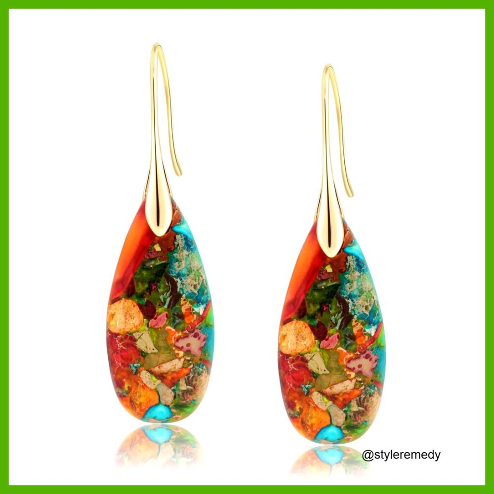 Statement Dangle Drop Earrings, Natural Stone, 2 Inch Length, Gold Silver Finish